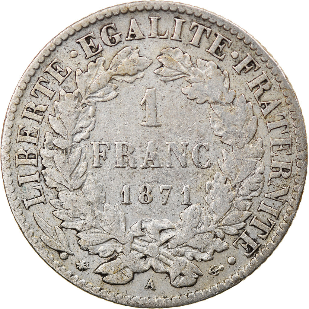 Monnaie, France, Cérès, Franc, 1871, Paris, TB, Argent, Gadoury:465, KM:822.1