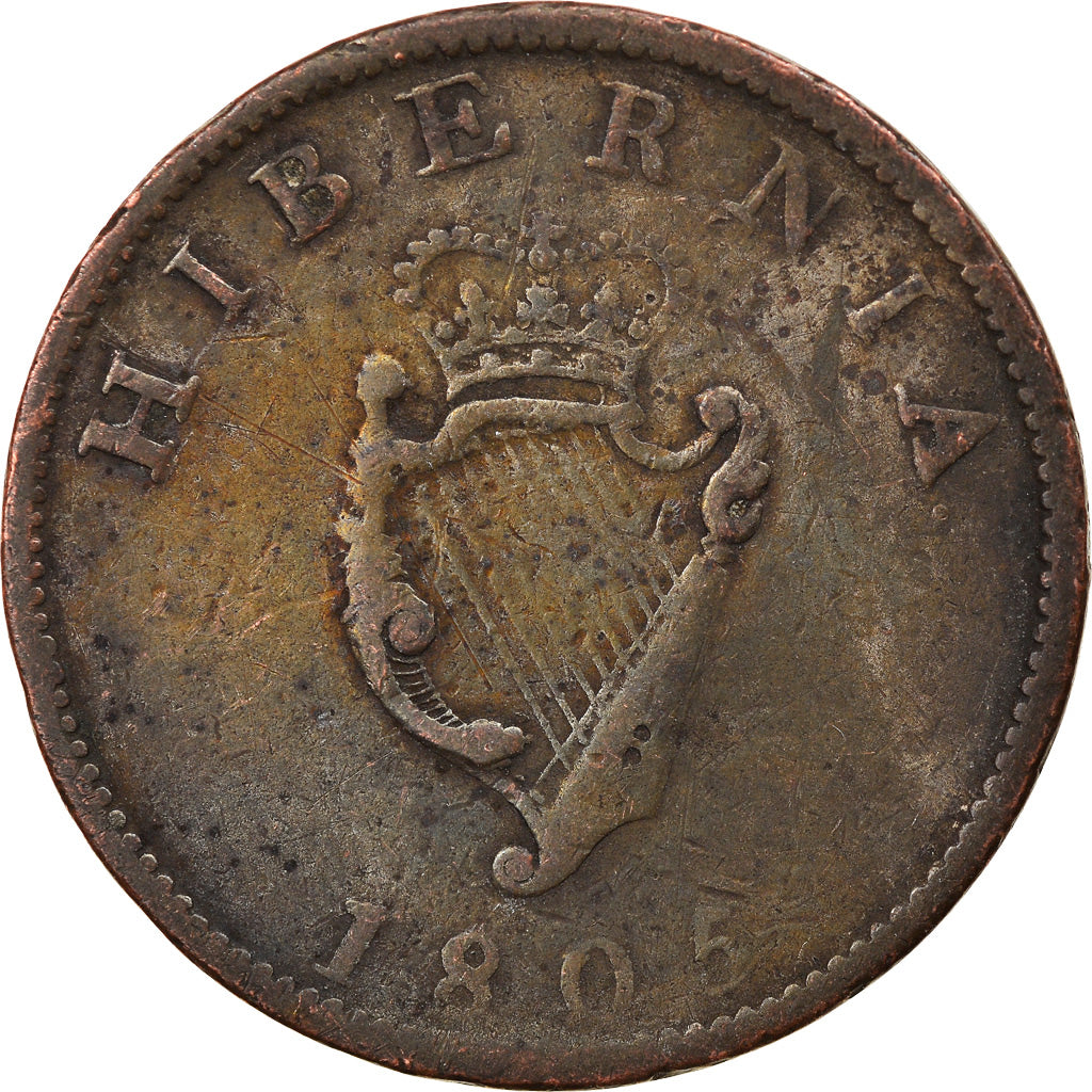 Coin, Ireland, 1/2 Penny, 1805, VG(8-10), Copper, KM:147.1