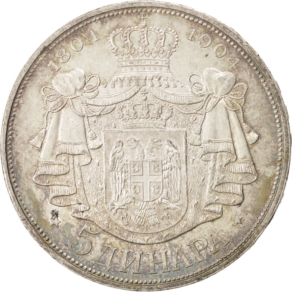 SERBIA, 5 Dinara, 1904, KM #27, AU(50-53), Silver, 37, 24.95