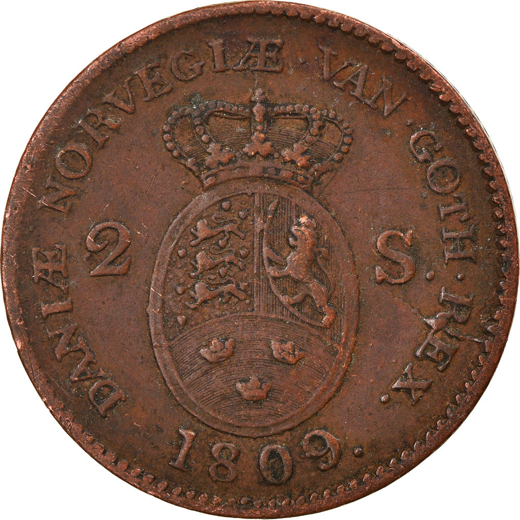 Coin, Denmark, Frederik VI, 2 Skilling, 1809, Copenhagen, VF(30-35), Copper
