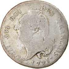 Moeda, França, Louis XVI, 15 Sols, 1791, Limoges, F(12-15), Prata, KM:604.5