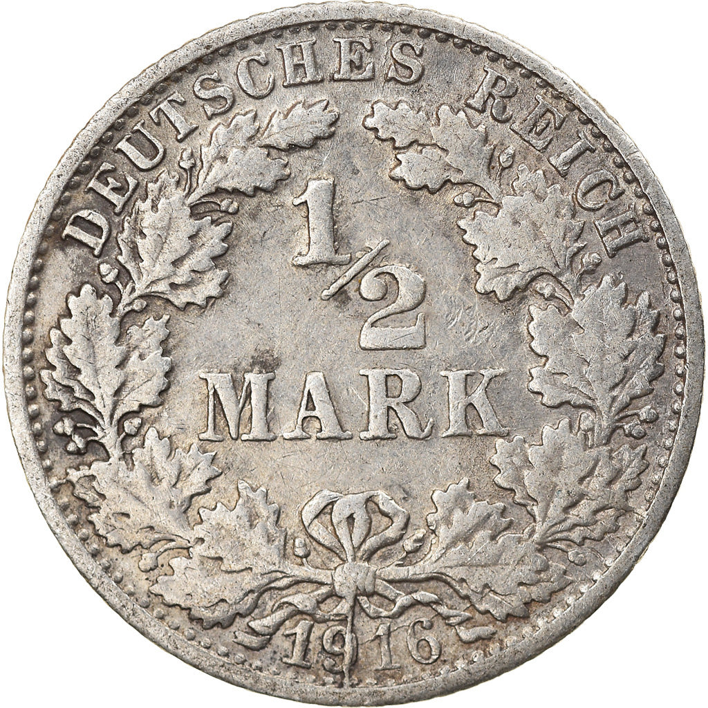 Coin, GERMANY - EMPIRE, 1/2 Mark, 1916, Stuttgart, EF(40-45), Silver, KM:17