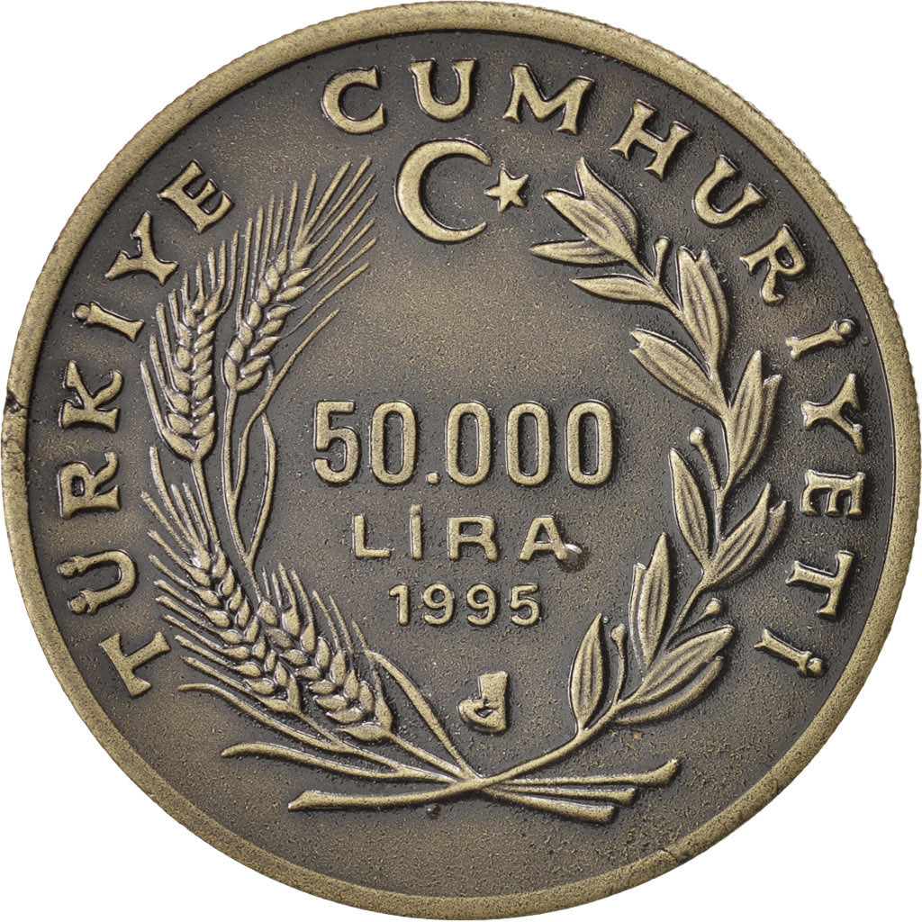 TURKEY, 50000 Lira, 50 Bin Lira, 1995, KM #1037, AU(55-58), Brass, 23.28