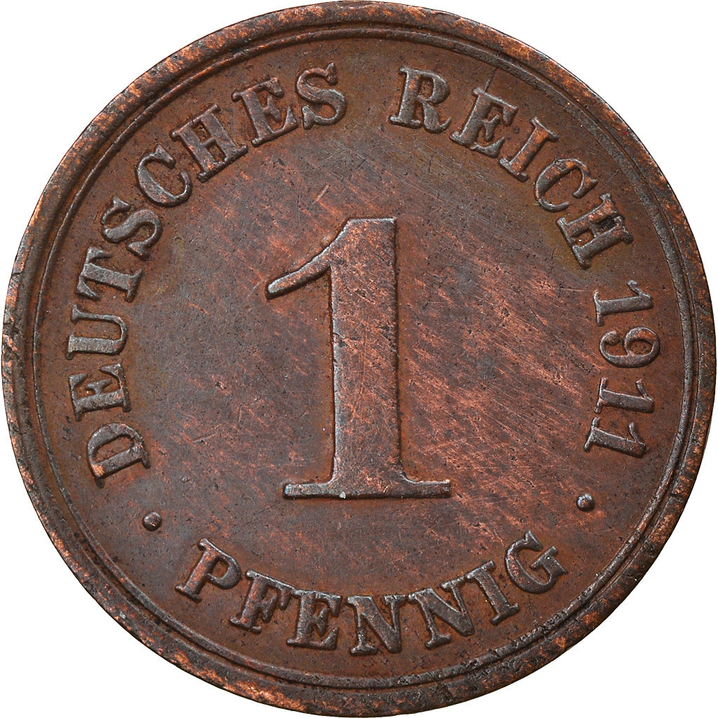Coin, GERMANY - EMPIRE, Wilhelm II, Pfennig, 1911, Stuttgart, EF(40-45), Copper