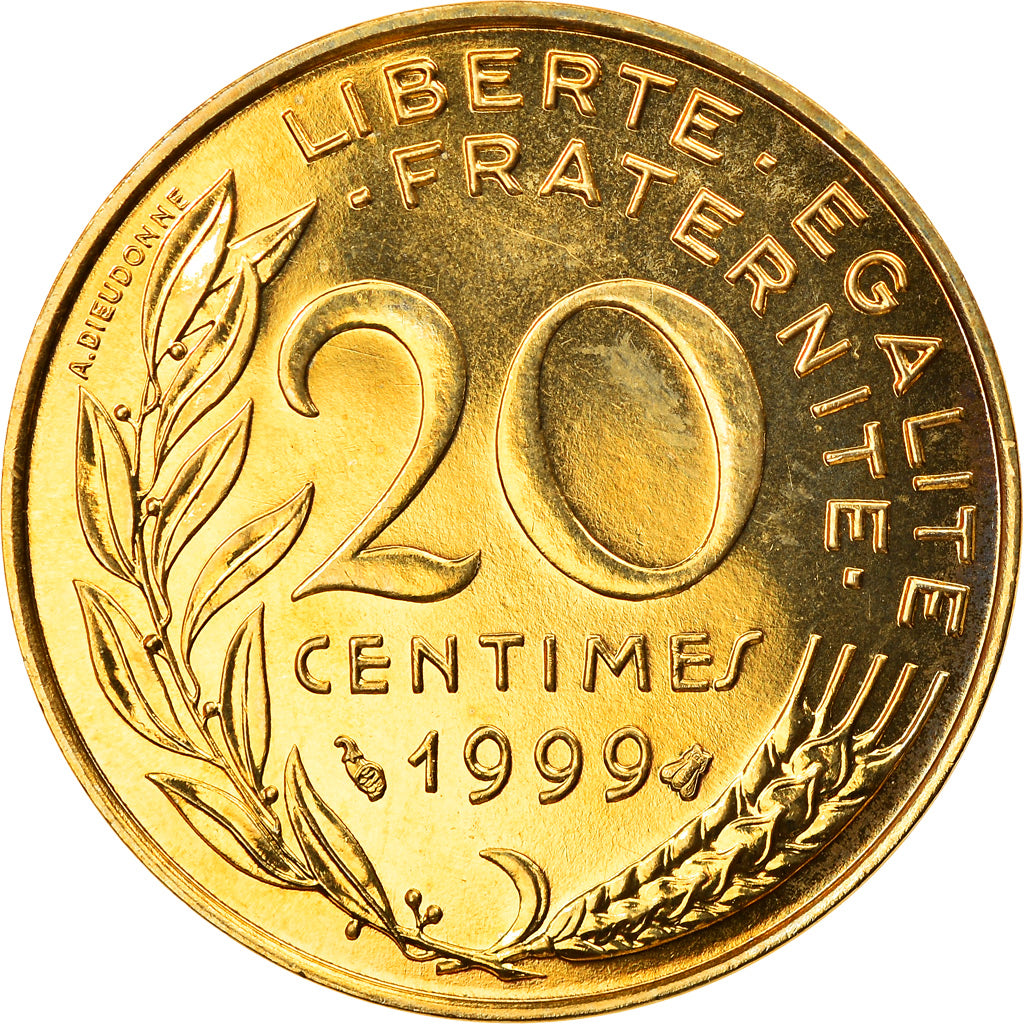 Moeda, França, Marianne, 20 Centimes, 1999, Paris, MS(63), Alumínio-Bronze