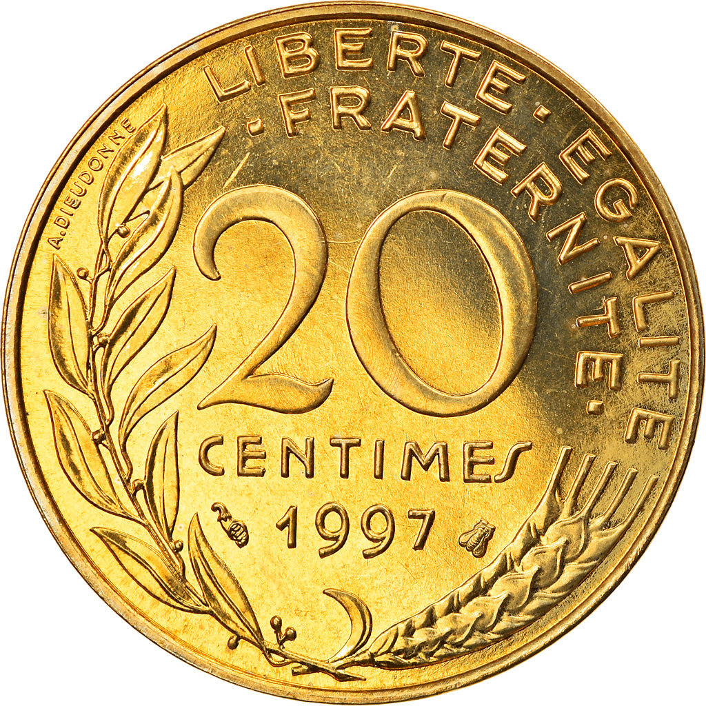 Moeda, França, Marianne, 20 Centimes, 1997, Paris, MS(63), Alumínio-Bronze