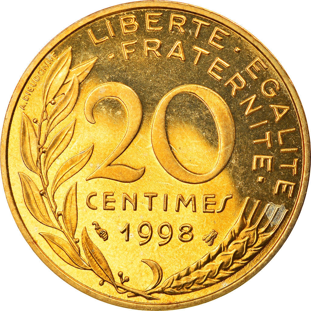 Moeda, França, Marianne, 20 Centimes, 1998, Paris, BE, MS(63)