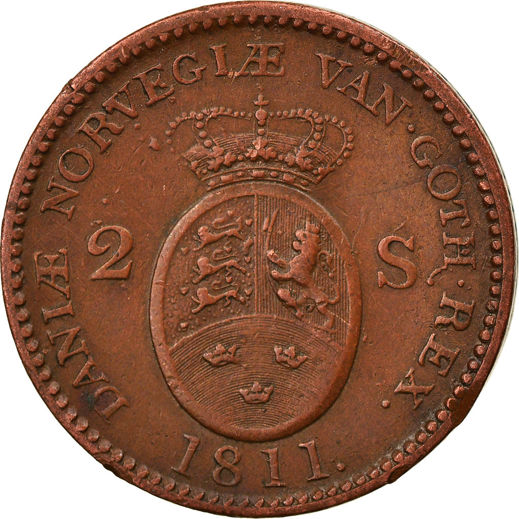 Coin, Denmark, Frederik VI, 2 Skilling, 1811, Copenhagen, AU(55-58), Copper