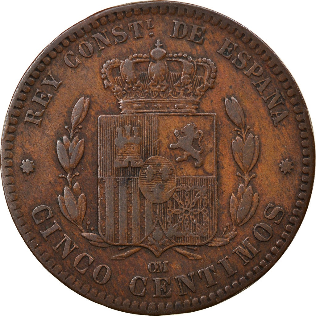Moneta, Spagna, Alfonso XII, 5 Centimos, 1877, Madrid, MB+, Bronzo, KM:674