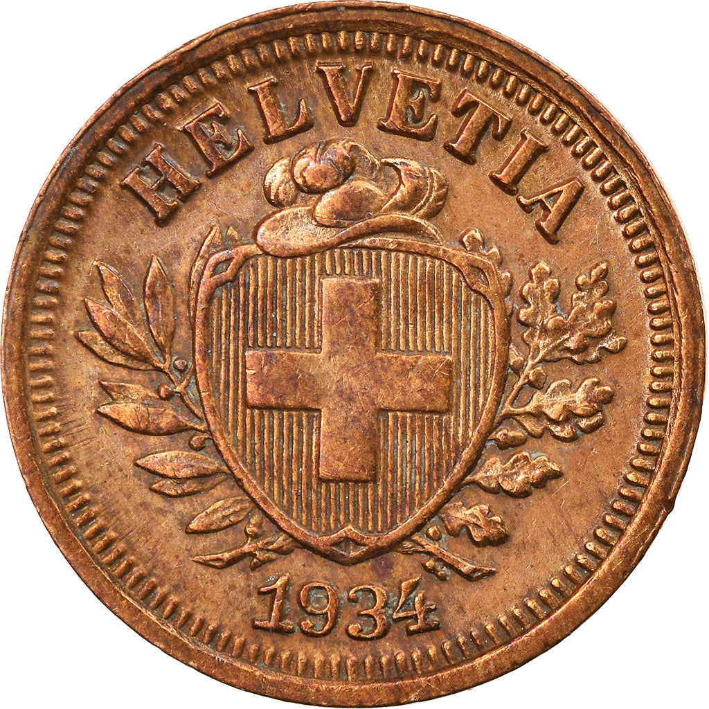 Coin, Switzerland, Rappen, 1934, Bern, AU(50-53), Bronze, KM:3.2
