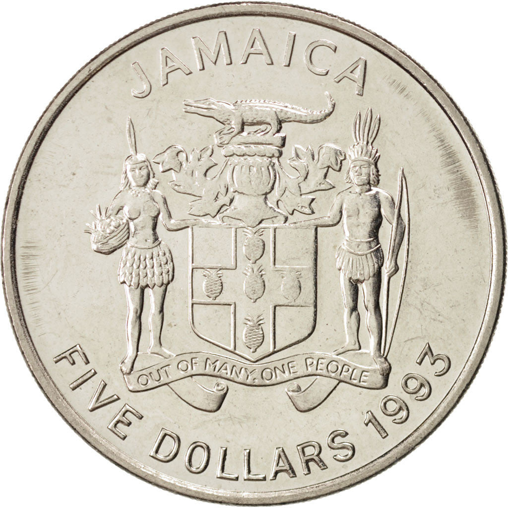 JAMAICA, 5 Dollars, 1993, KM #157, MS(63), Nickel Plated Steel, 18.21