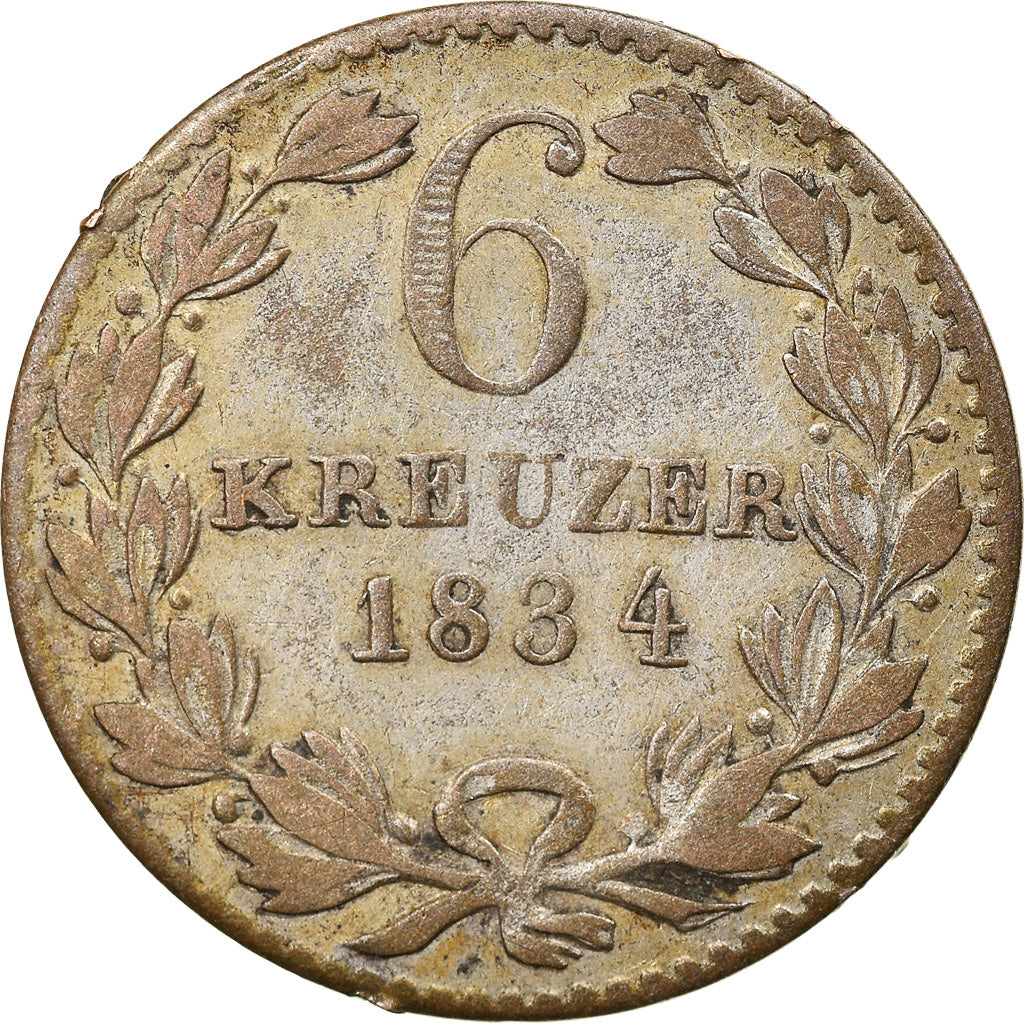 Coin, German States, BADEN, Leopold I, 6 Kreuzer, 1834, VF(30-35), Silver