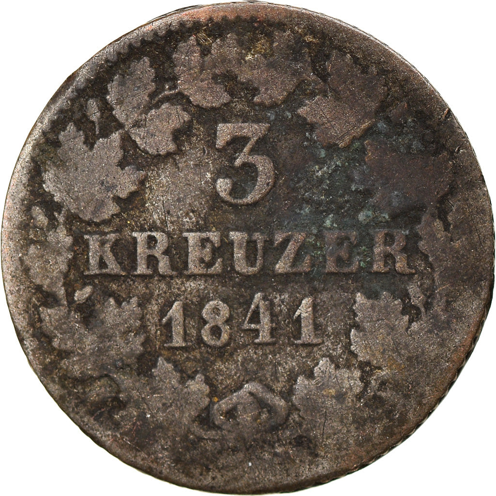 Monnaie, Etats allemands, BADEN, Leopold I, 3 Kreuzer, 1841, B+, Argent, KM:211