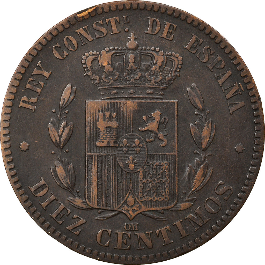Monnaie, Espagne, Alfonso XII, 10 Centimos, 1878, Madrid, TTB+, Bronze, KM:675