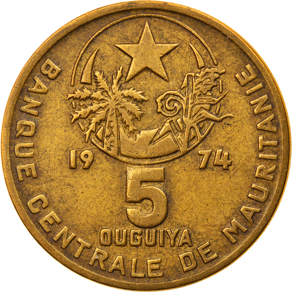 Moneda, Mauritania, 5 Ouguiya, 1974/AH1394, MBC, Aluminio - bronce, KM:3
