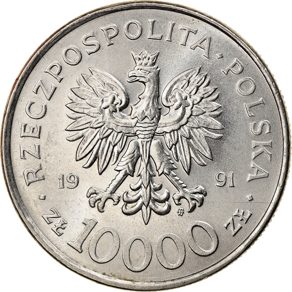 Moeda, Polónia, 10000 Zlotych, 1991, Warsaw, MS(63), Aço Niquelado, KM:217