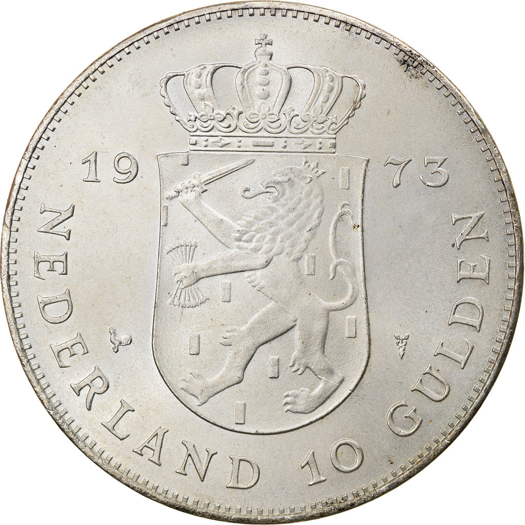 Coin, Netherlands, Juliana, 10 Gulden, 1973, AU(55-58), Silver, KM:196