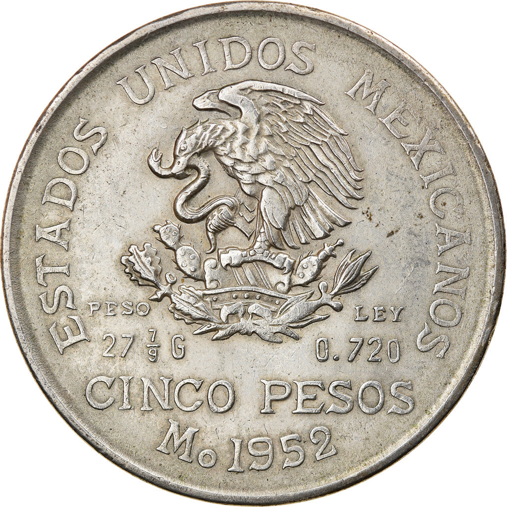 Coin, Mexico, 5 Pesos, 1952, Mexico City, EF(40-45), Silver, KM:467