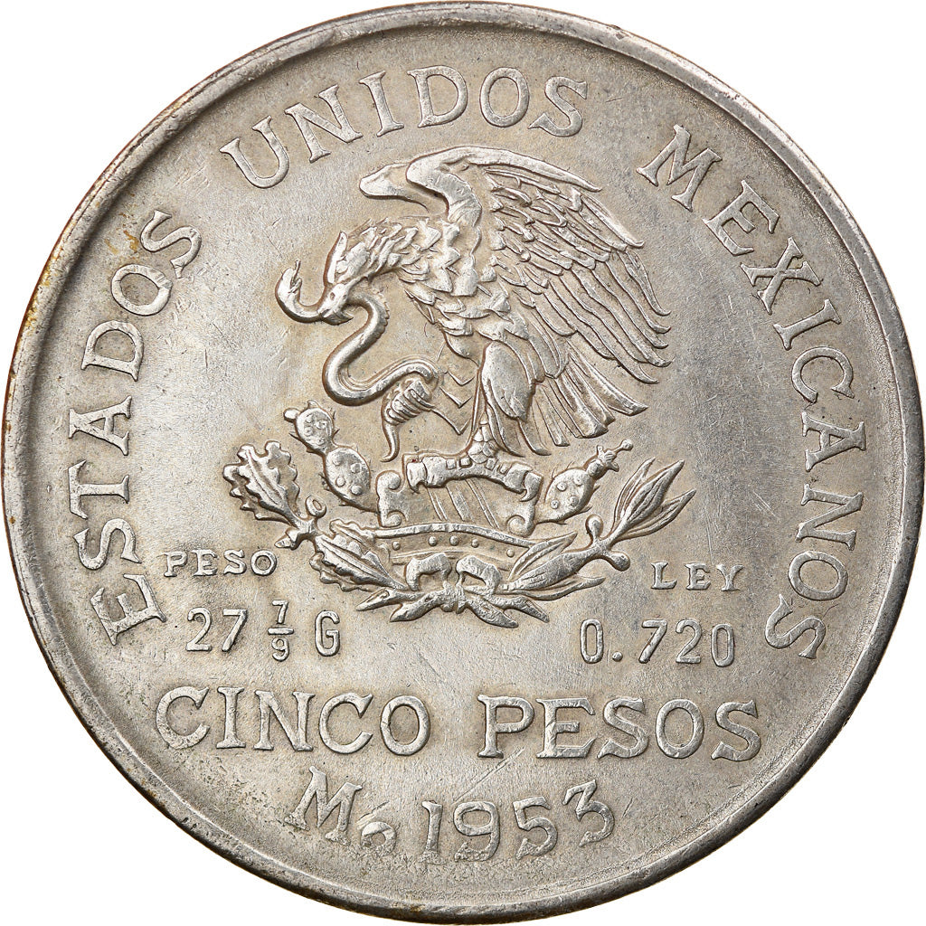 Coin, Mexico, 5 Pesos, 1953, Mexico City, EF(40-45), Silver, KM:467