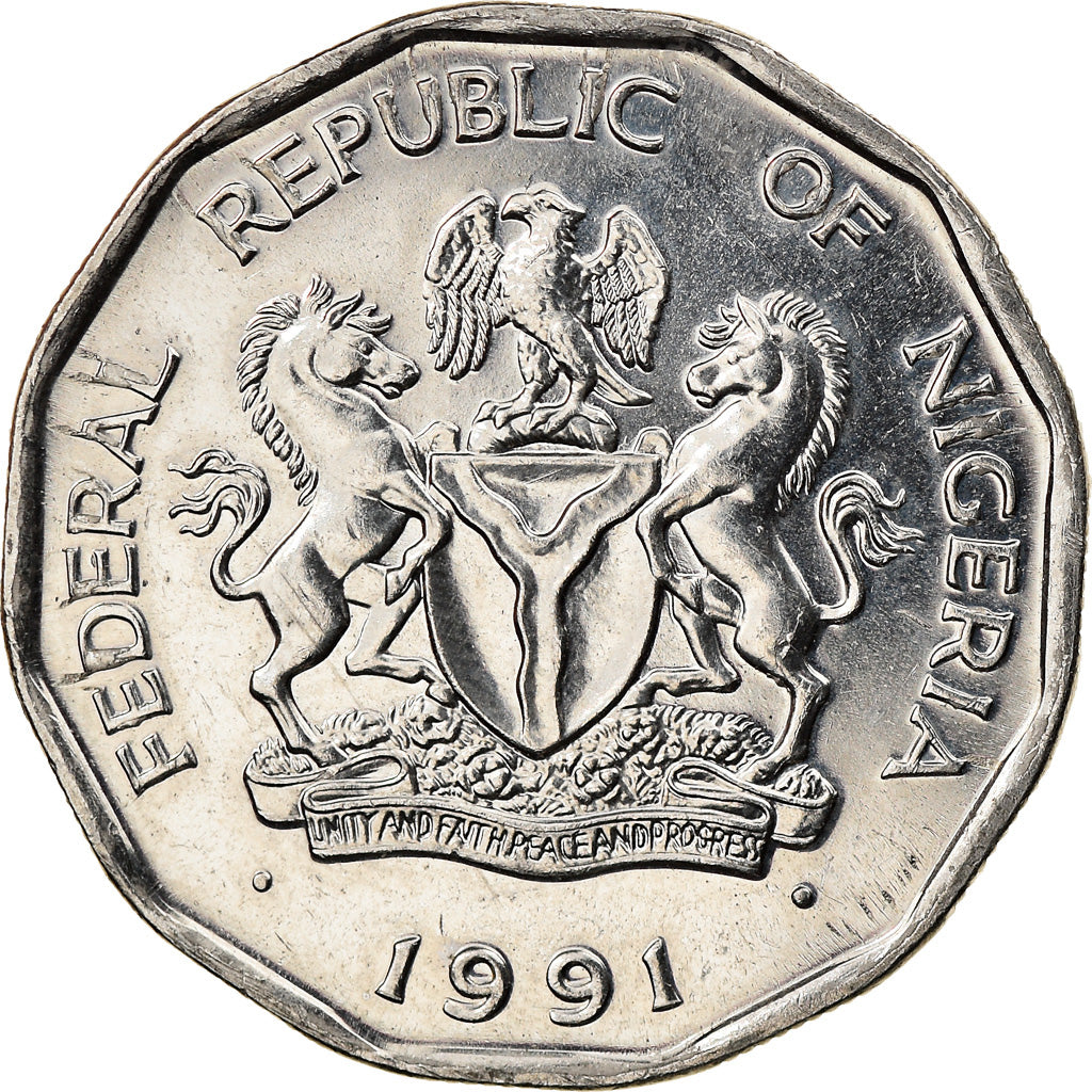 Münze, Nigeria, Elizabeth II, 50 Kobo, 1991, Franklin Mint, VZ+, Nickel plated