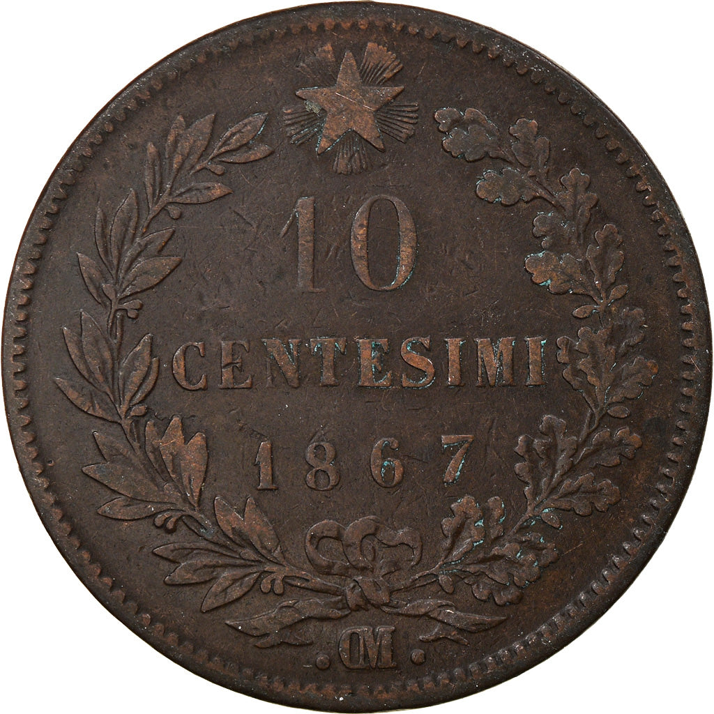 Moneda, Italia, Vittorio Emanuele II, 10 Centesimi, 1867, Strasbourg, BC+