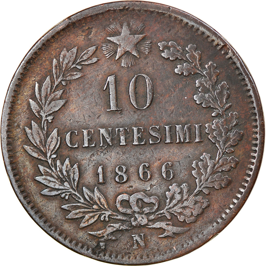 Moneda, Italia, Vittorio Emanuele II, 10 Centesimi, 1866, Naples, BC+, Cobre
