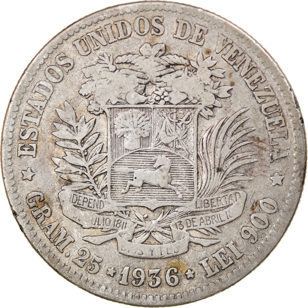 Coin, Venezuela, Gram 25, 5 Bolivares, 1936, VF(30-35), Silver, KM:24.2