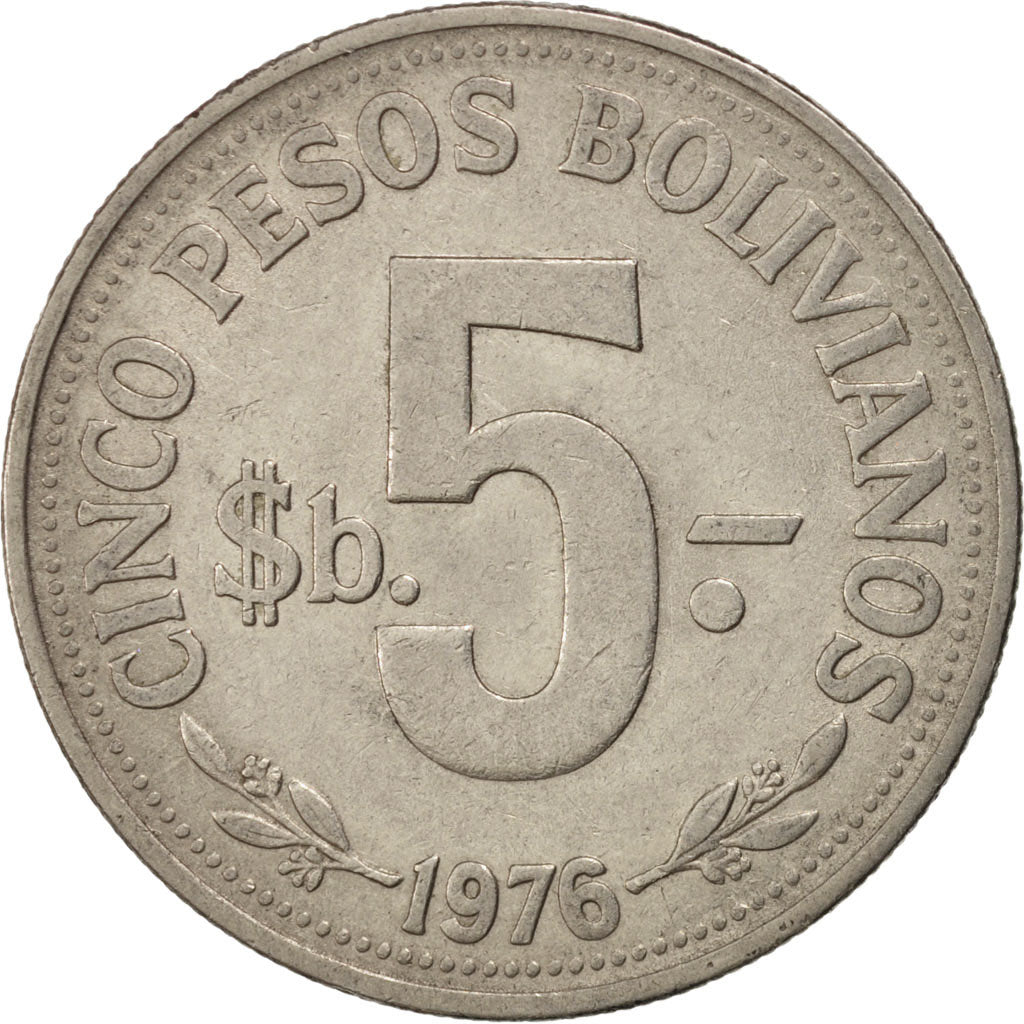 Munten, Bolivia, 5 Pesos Bolivianos, 1976, ZF, Nickel Clad Steel, KM:197