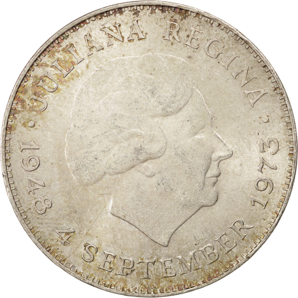 Coin, Netherlands, Juliana, 10 Gulden, 1973, AU(55-58), Silver, KM:196