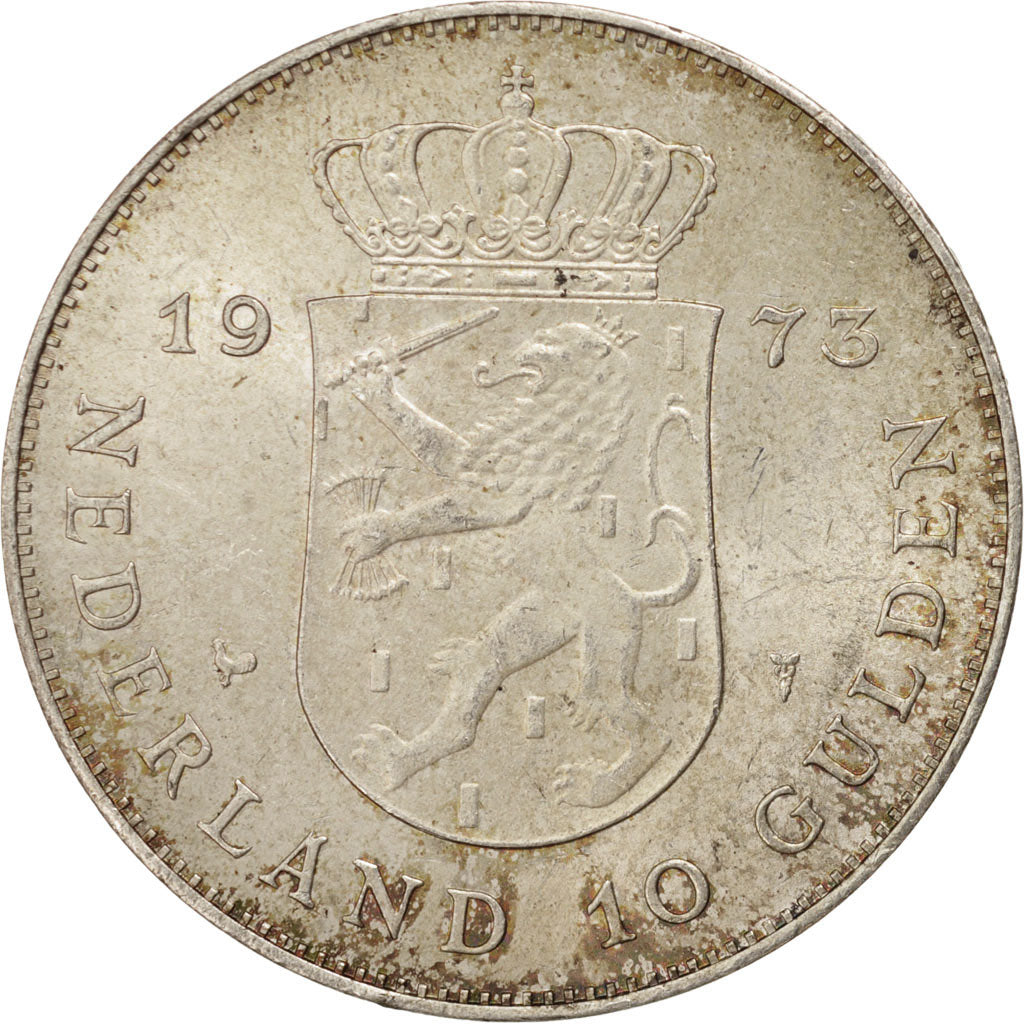 Coin, Netherlands, Juliana, 10 Gulden, 1973, AU(55-58), Silver, KM:196