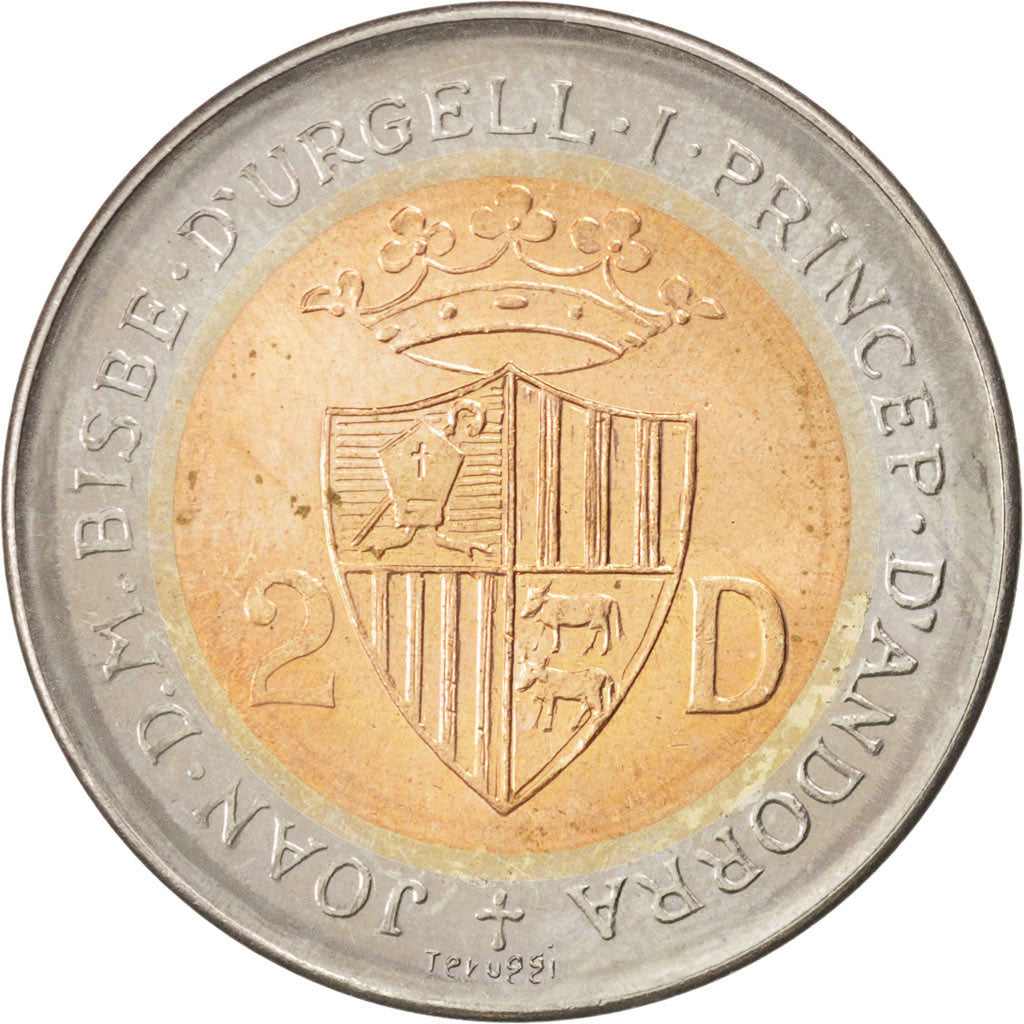 ANDORRA, 2 Diners, 1984, KM #20, MS(60-62), Bi-Metallic, 32, 13.45