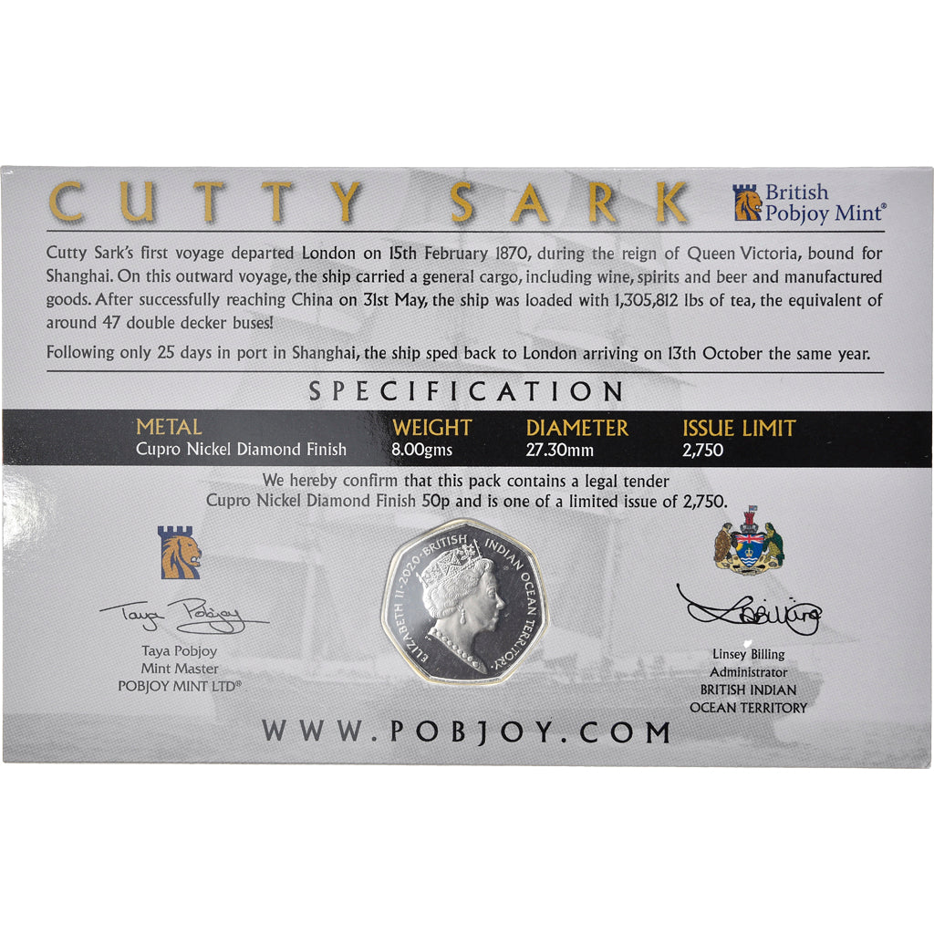 Coin, British Indian Ocean, 50 Pence, 2020, Cutty Sark, MS(63), Cupro-nickel