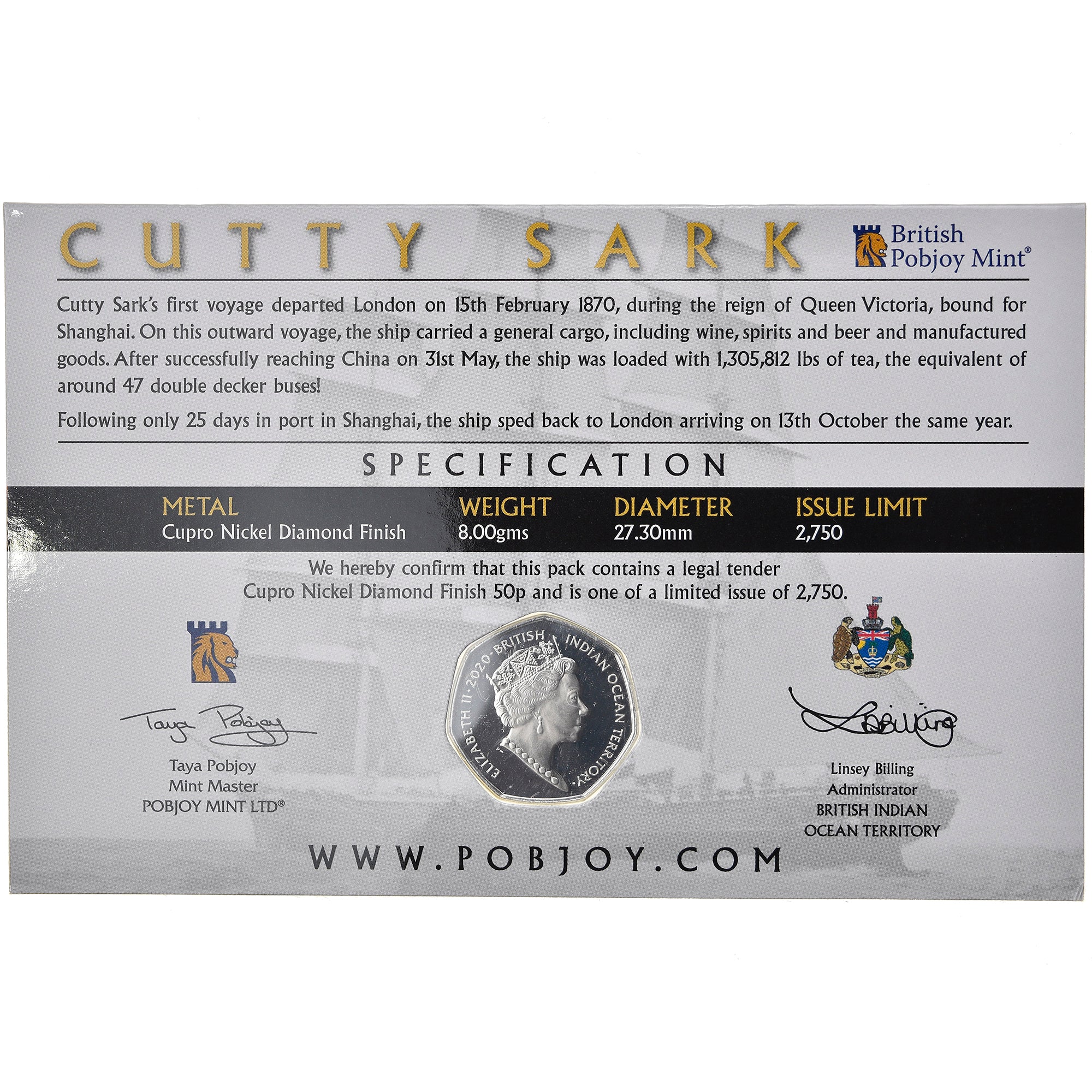 Coin, British Indian Ocean, 50 Pence, 2020, Cutty Sark, MS(63), Cupro-nickel