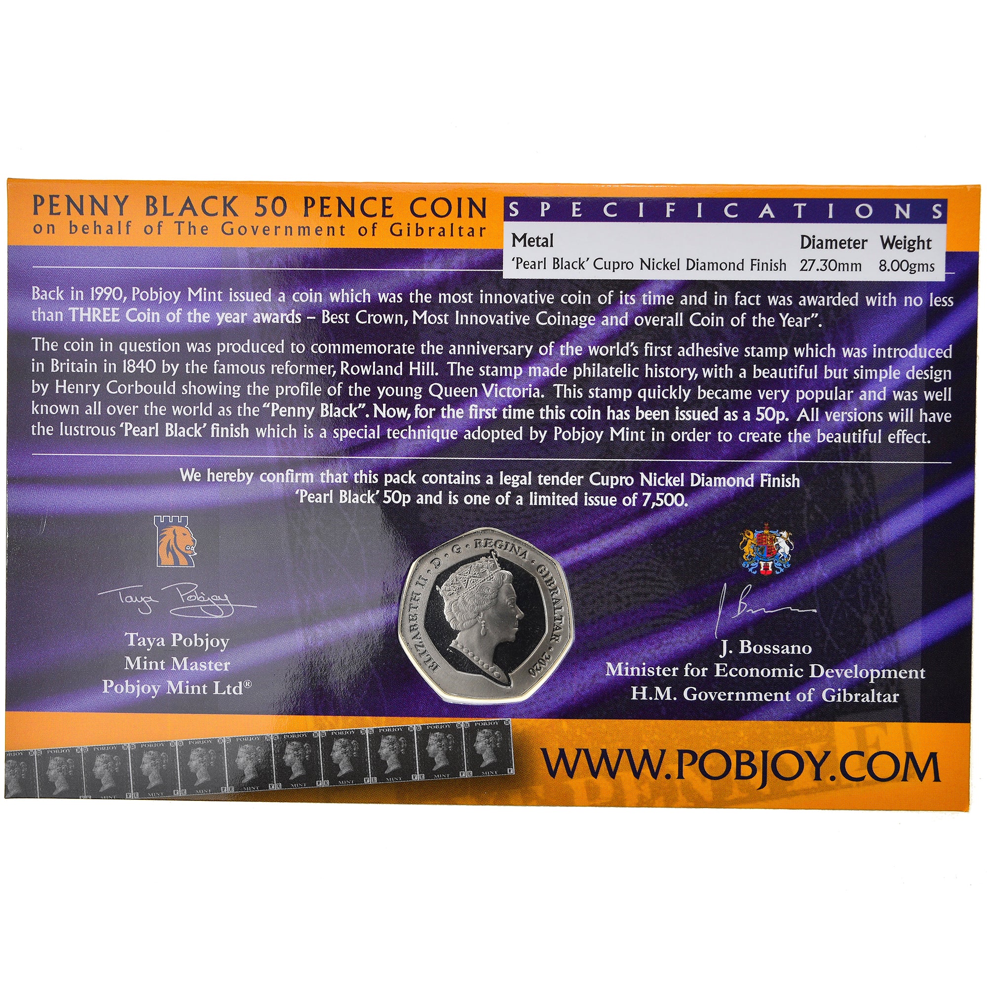Moneta, Gibilterra, 50 Pence, 2020, Penny black, SPL, Rame-nichel