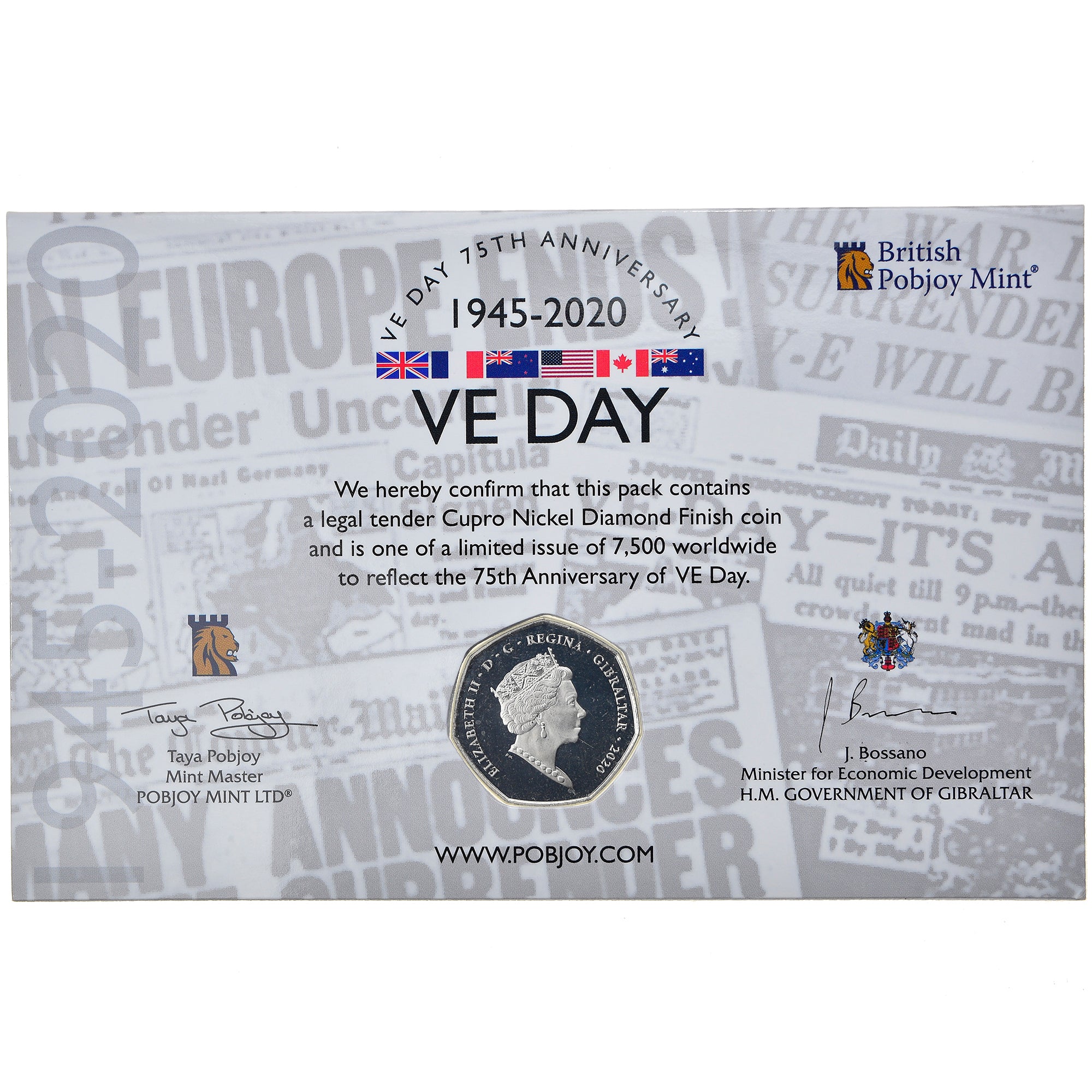 Moneta, Gibilterra, 50 Pence, 2020, VE Day, SPL, Rame-nichel