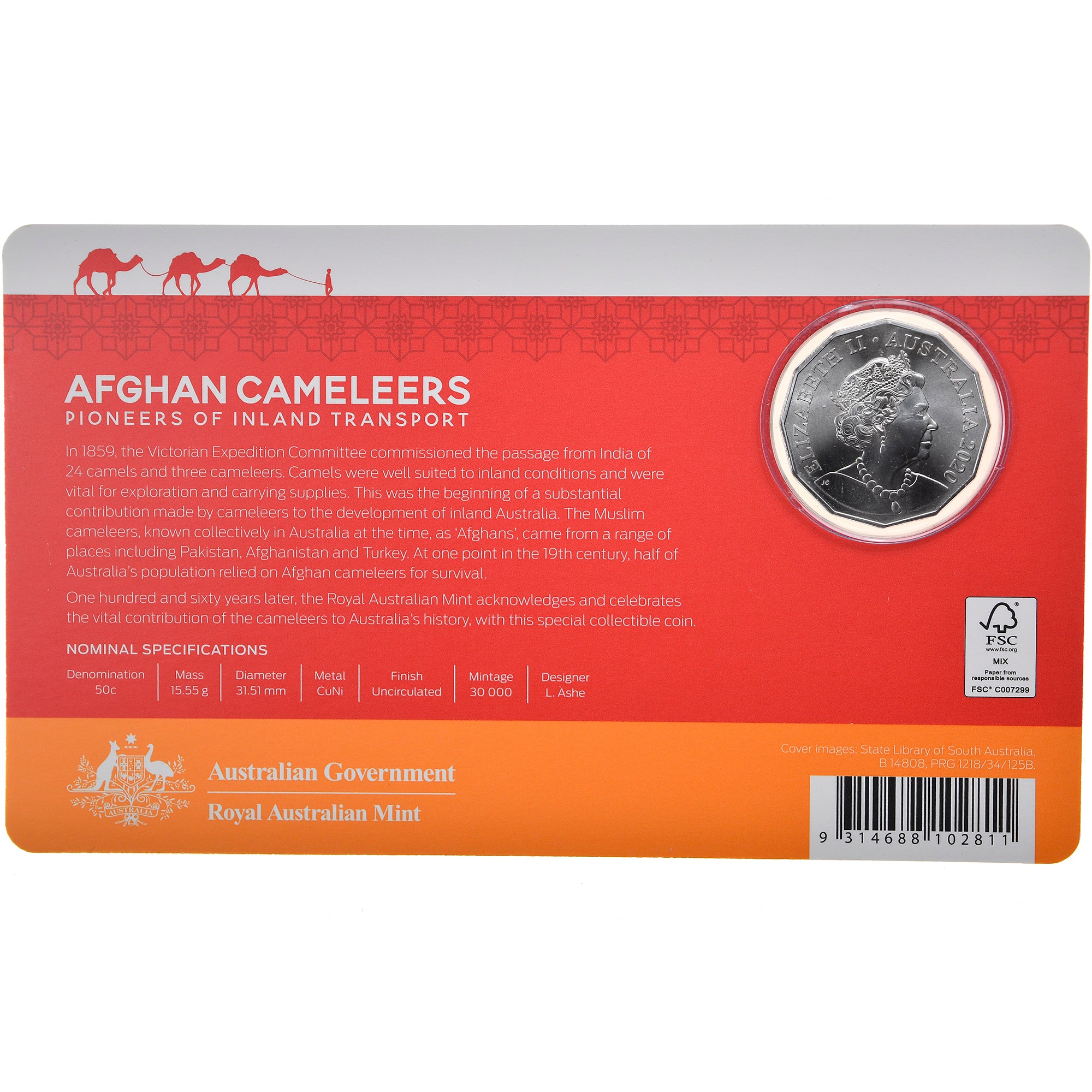 Moneta, Australia, 50 Cents, 2020, Chameliers afghans, FDC, Rame-nichel