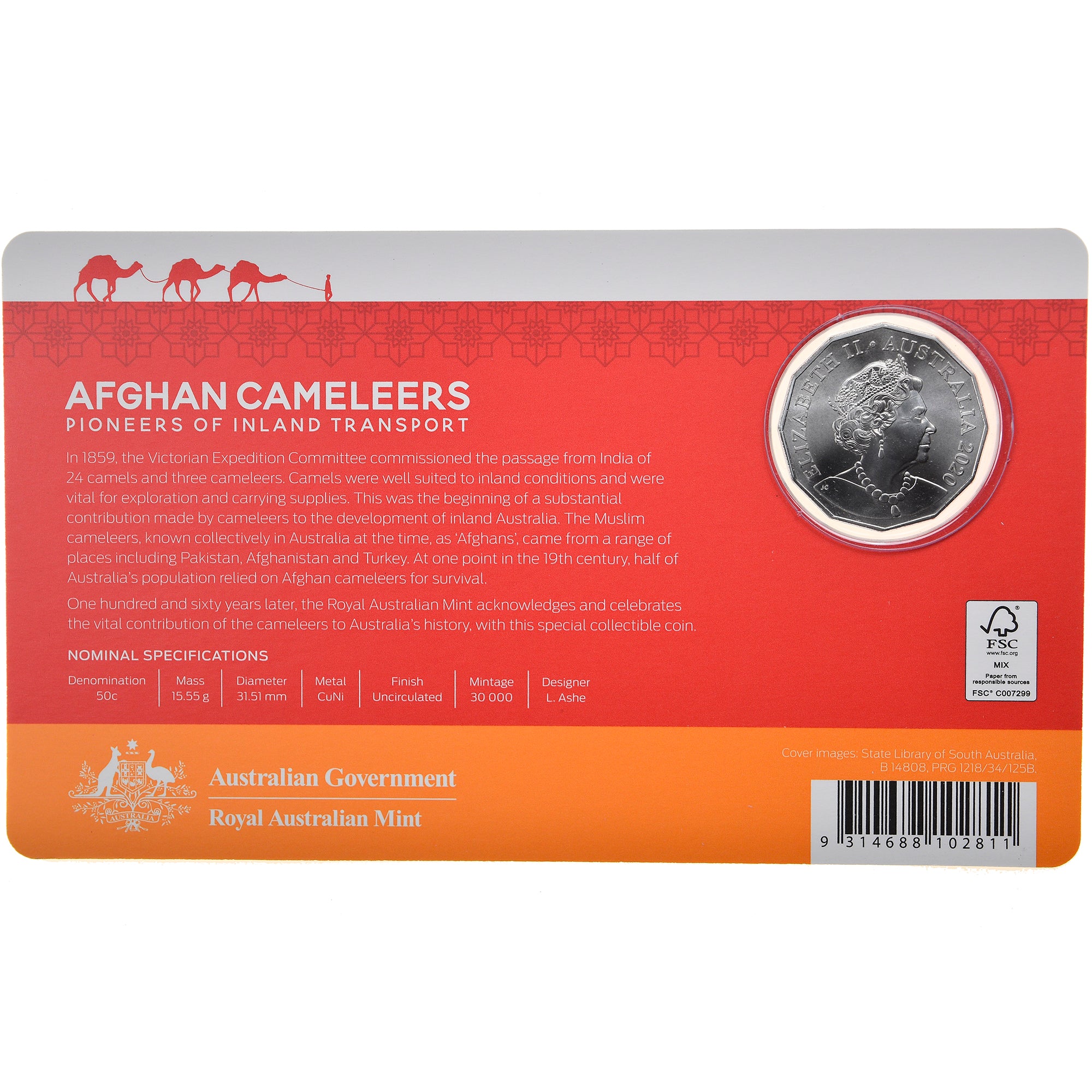 Moneta, Australia, 50 Cents, 2020, Chameliers afghans, MS(65-70), Miedzionikiel