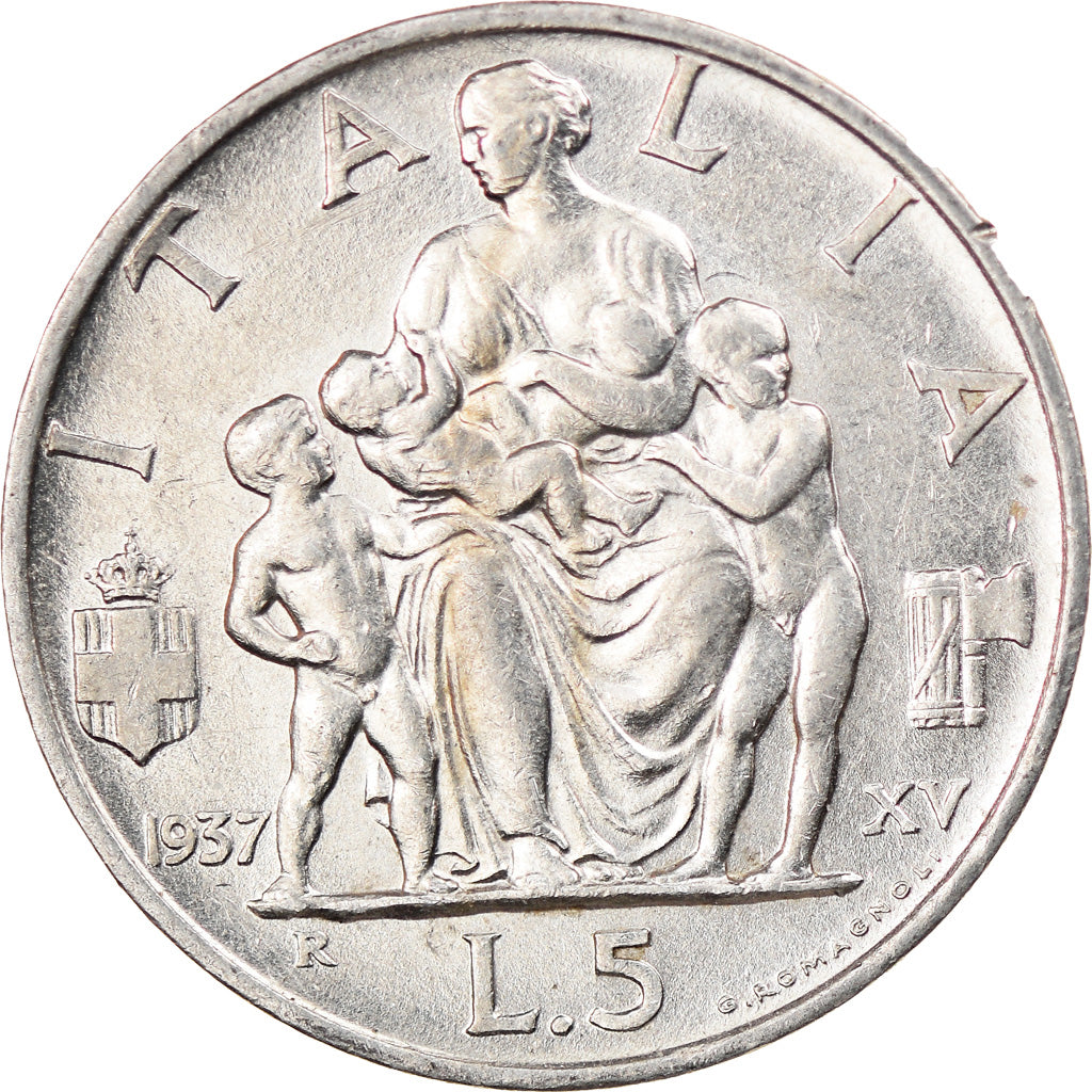 Moeda, Itália, Vittorio Emanuele III, 5 Lire, 1937, Rome, AU(55-58), Prata