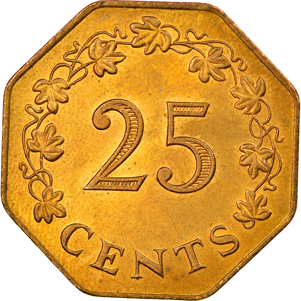Moeda, Malta, 25 Cents, 1975, British Royal Mint, AU(55-58), Latão, KM:29