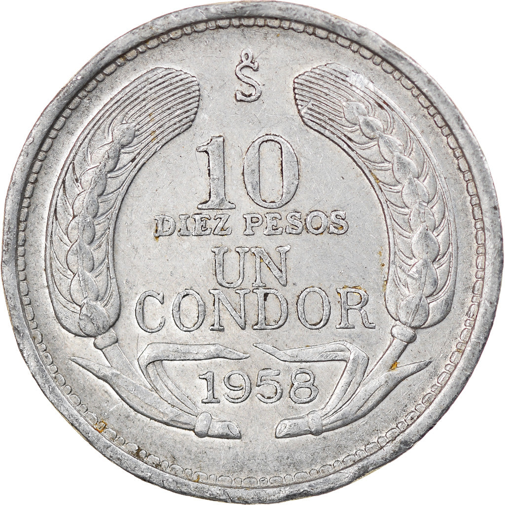 Moneta, Cile, 10 Pesos, 1958, Santiago, BB, Alluminio, KM:181
