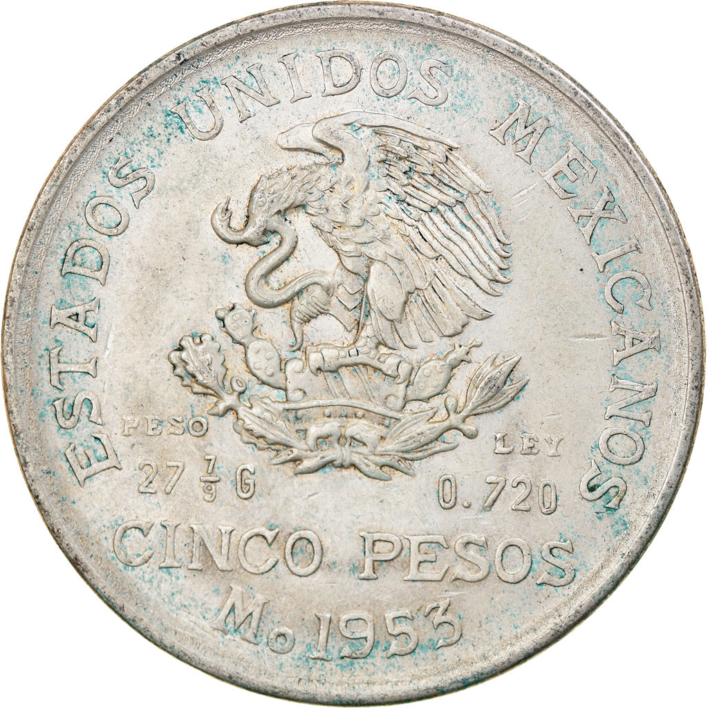 Moneda, México, 5 Pesos, 1953, Mexico City, BC+, Plata, KM:467