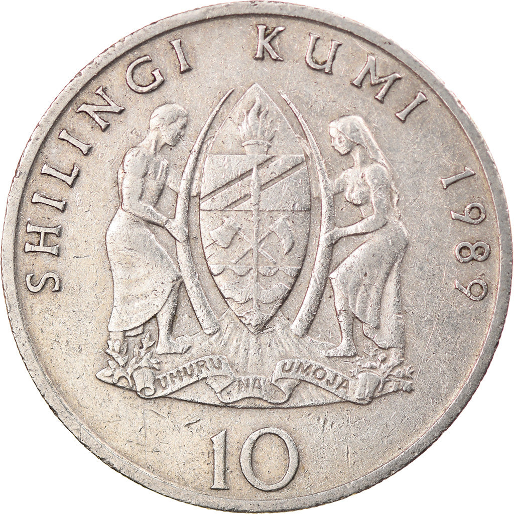 Moneta, Tanzania, 10 Shilingi, 1989, EF(40-45), Miedź-Nikiel, KM:20