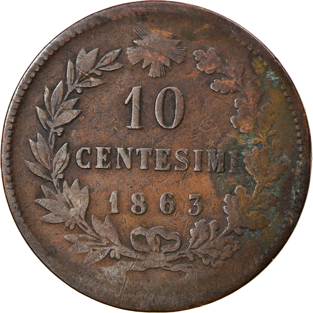 Coin, Italy, Vittorio Emanuele II, 10 Centesimi, 1863, Milan, F(12-15), Copper