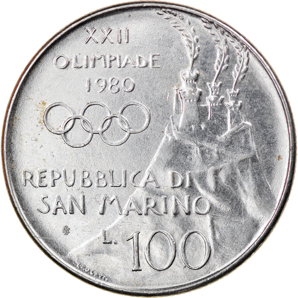 Moeda, San Marino, 100 Lire, 1980, Rome, AU(55-58), Aço, KM:108
