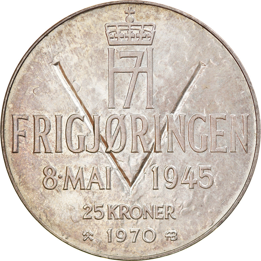 Coin, Norway, Olav V, 25 Kroner, 1970, AU(55-58), Silver, KM:414