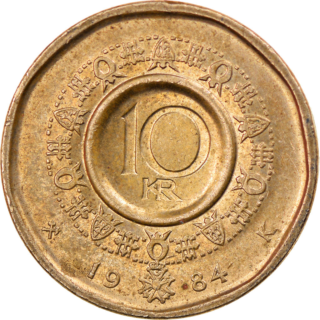 Moneda, Noruega, Olav V, 10 Kroner, 1984, MBC, Níquel - latón, KM:427
