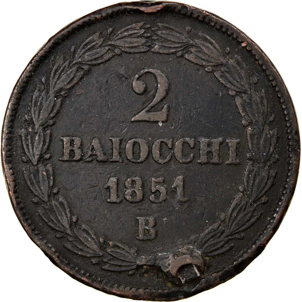 Moneda, Estados italianos, PAPAL STATES, Pius IX, 2 Baiocchi, Muraiola, 1851
