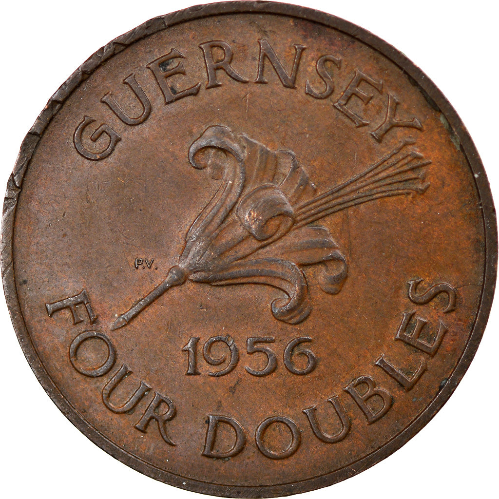 Monnaie, Guernsey, Elizabeth II, 4 Doubles, 1956, Heaton, TTB, Bronze, KM:15