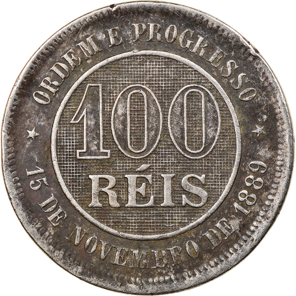 Moneta, Brazylia, 100 Reis, 1889, VF(30-35), Miedź-Nikiel, KM:492