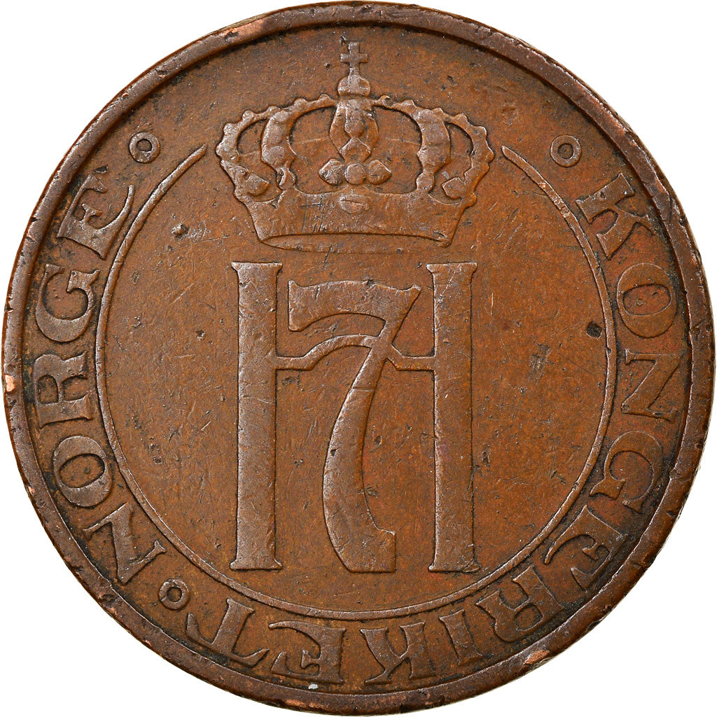 Moneda, Noruega, Haakon VII, 5 Öre, 1937, Kongsberg, BC+, Bronce, KM:368